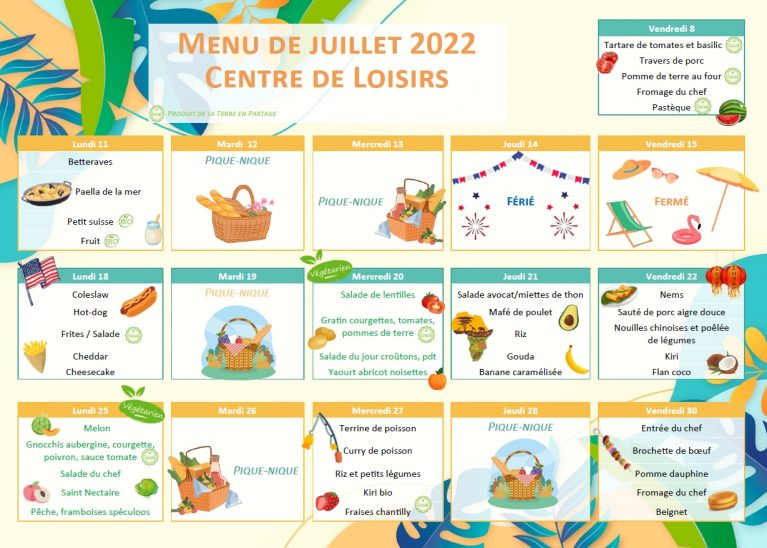 Programme et menu du Centre de Loisirs – juillet