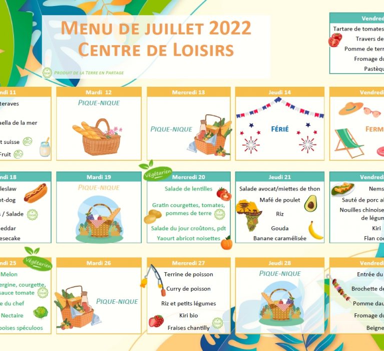 Programme et menu du Centre de Loisirs – juillet